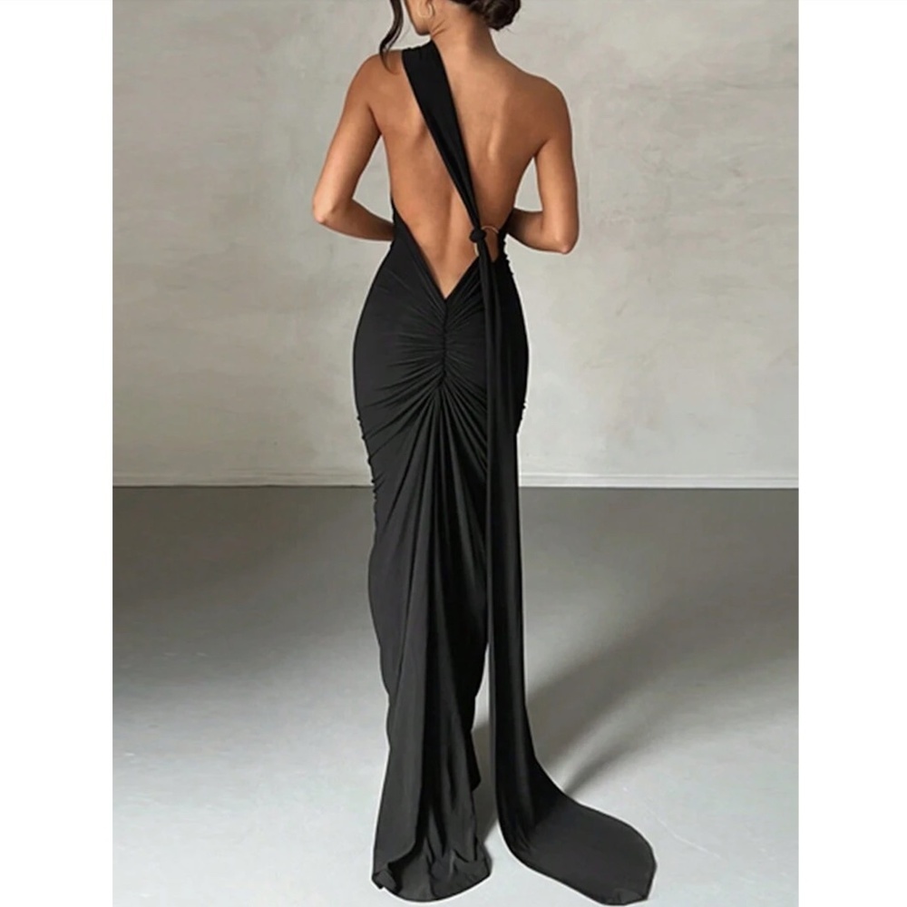 Black Maxi Long Sheath Dress One Shoulder Long Strap  Ruched Back